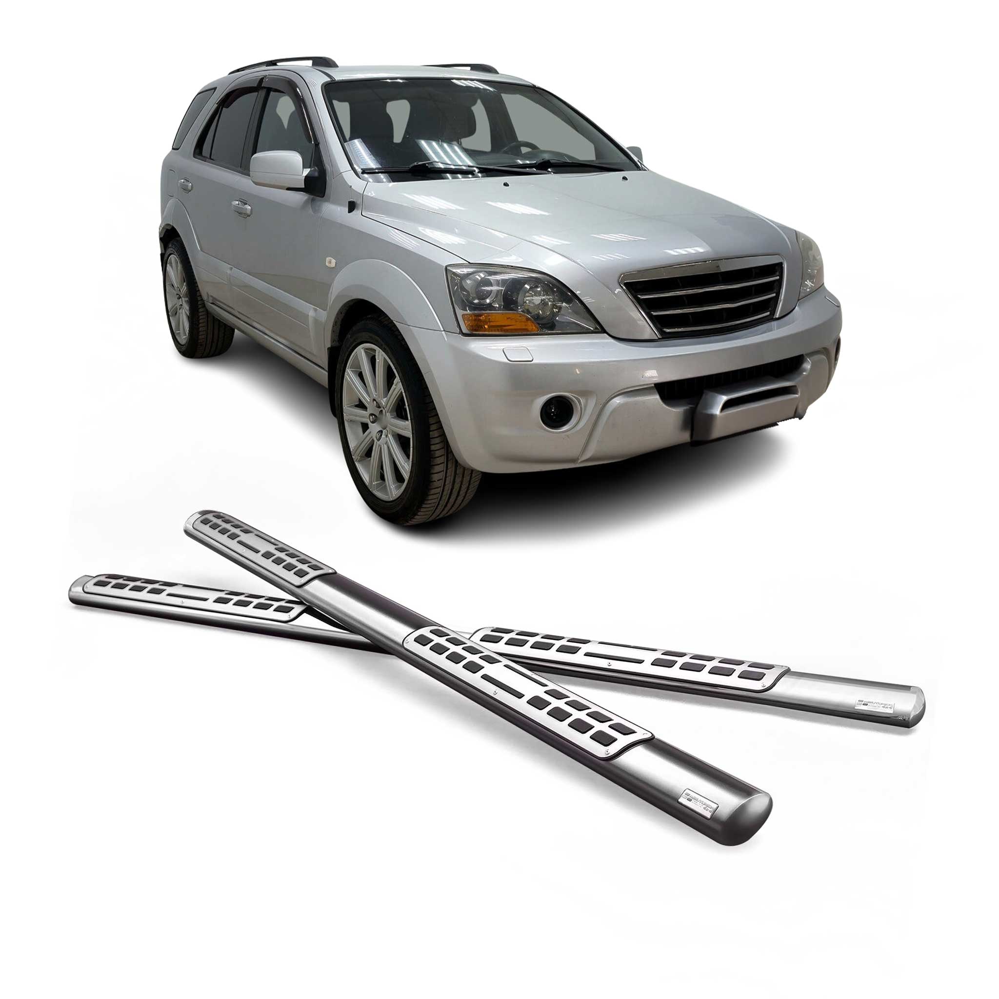 Par de Estribos Barras Laterales para Kia Sorento 2002-2006 Plata Acero 2x