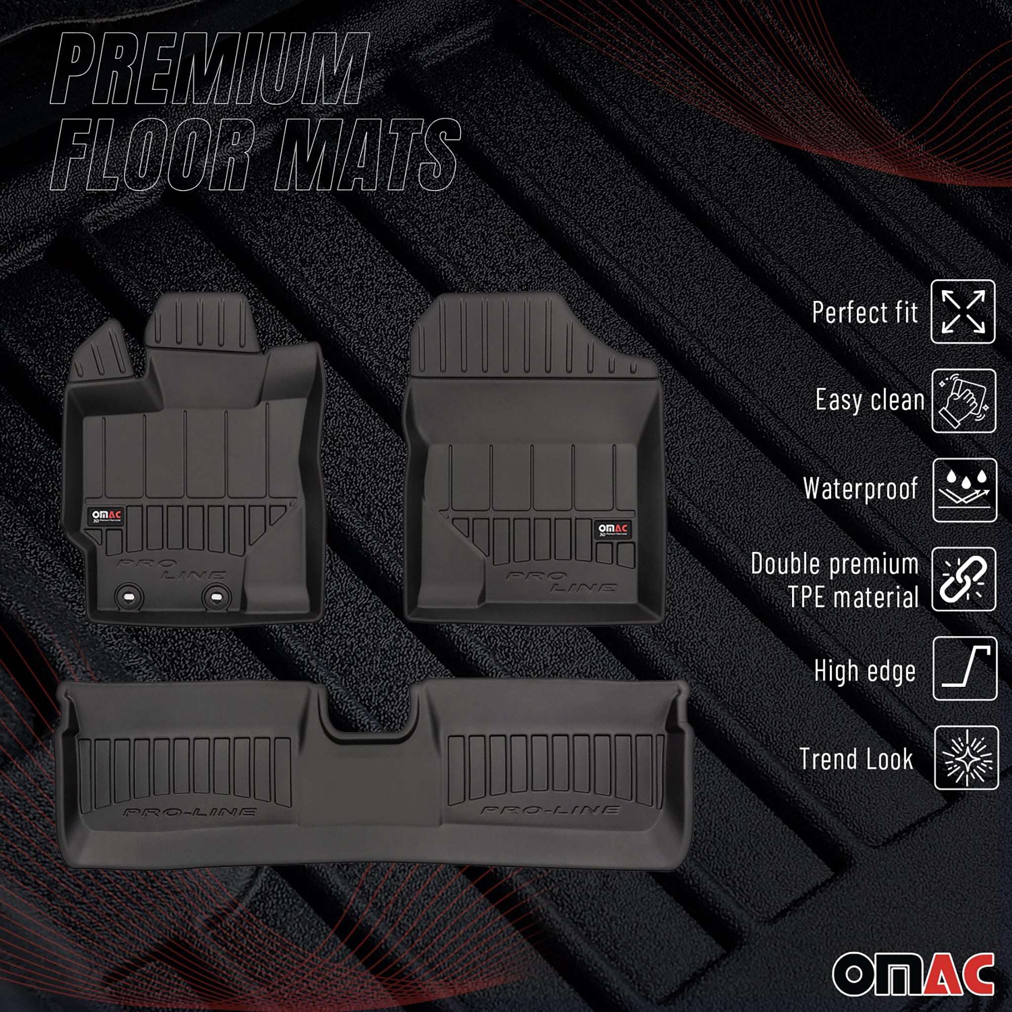 OMAC Premium Alfombrillas De Coche para Toyota Yaris 2011-2019 Negro TPE Goma 3x