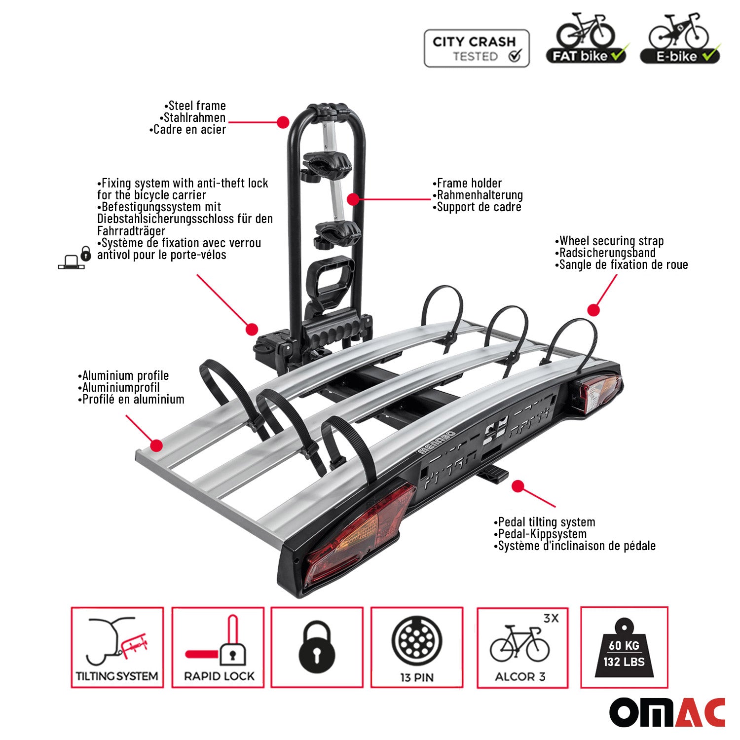 Menabo Alcor 3 Portabicicletas de remolque trasera Bicicletas