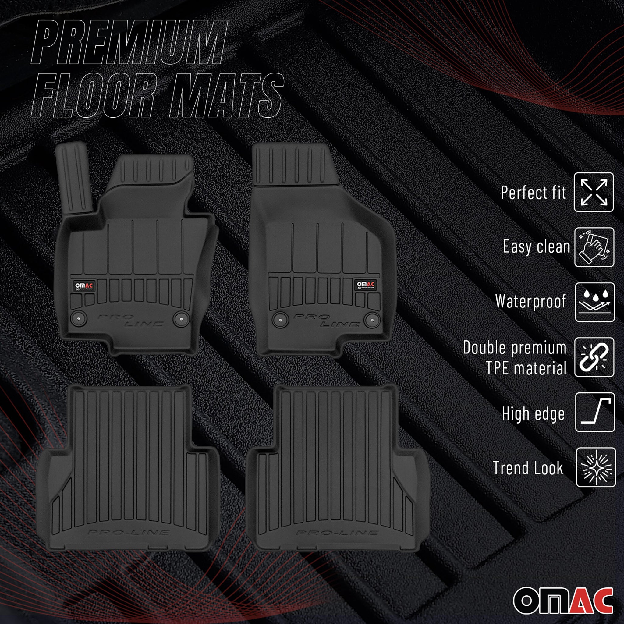 OMAC Premium Alfombrillas De Coche para VW Sharan 2010-2025 Negro TPE Goma 4Pza