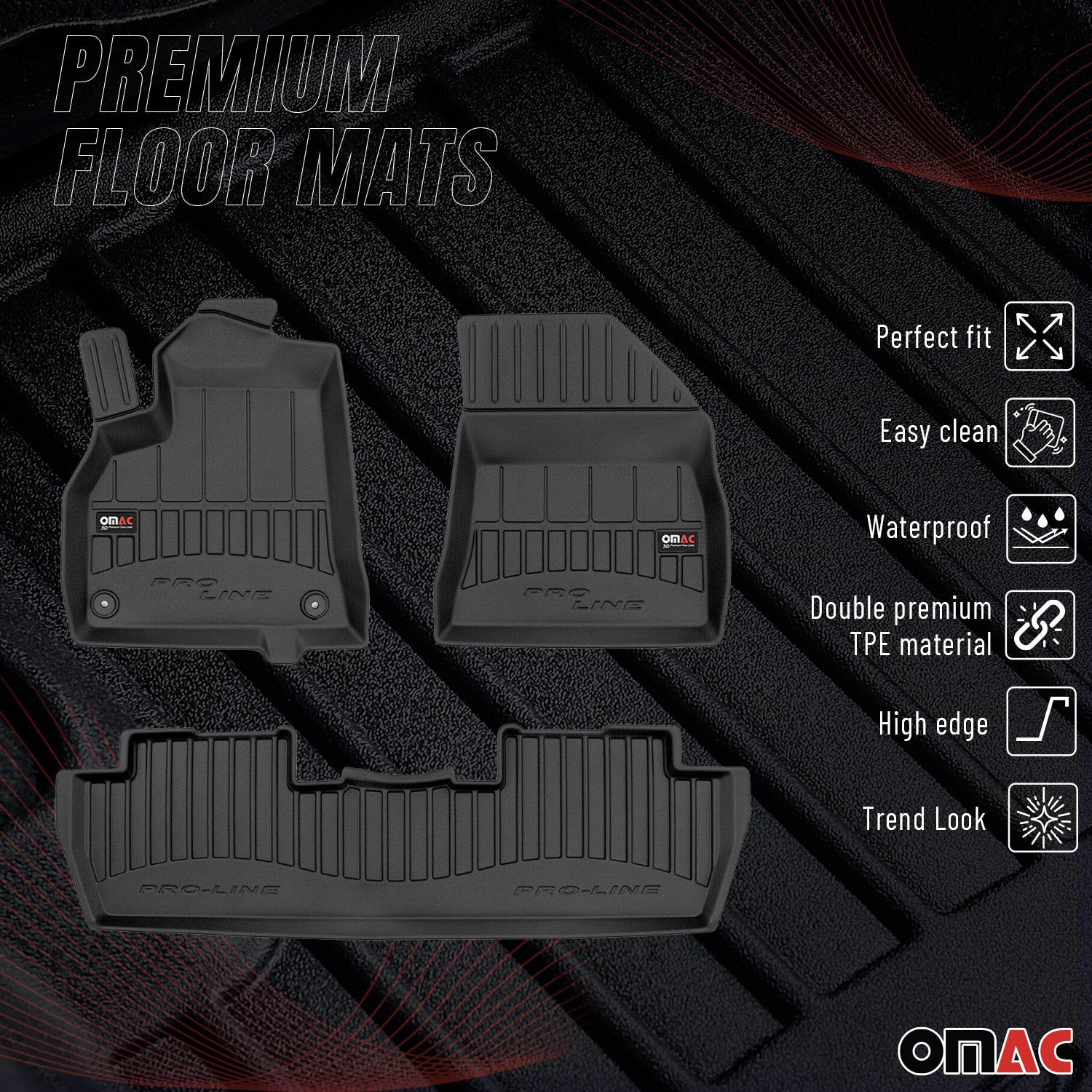 OMAC Premium Alfombrillas De Coche para Peugeot 5008 2009-2017 Negro TPE Goma 3x