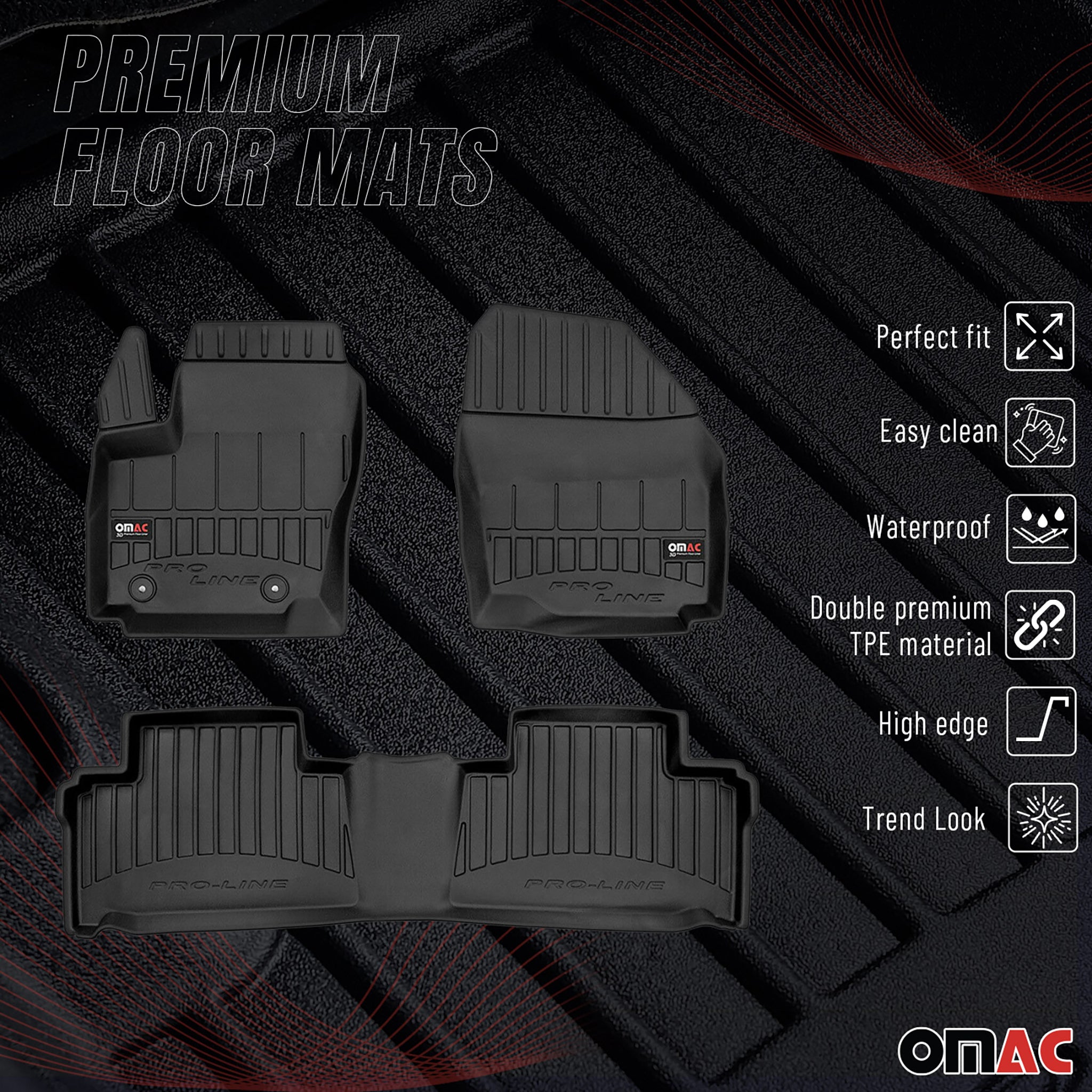 OMAC Premium Alfombrillas De Coche para Ford S-Max 2006-2014 Negro TPE Goma 3Pza