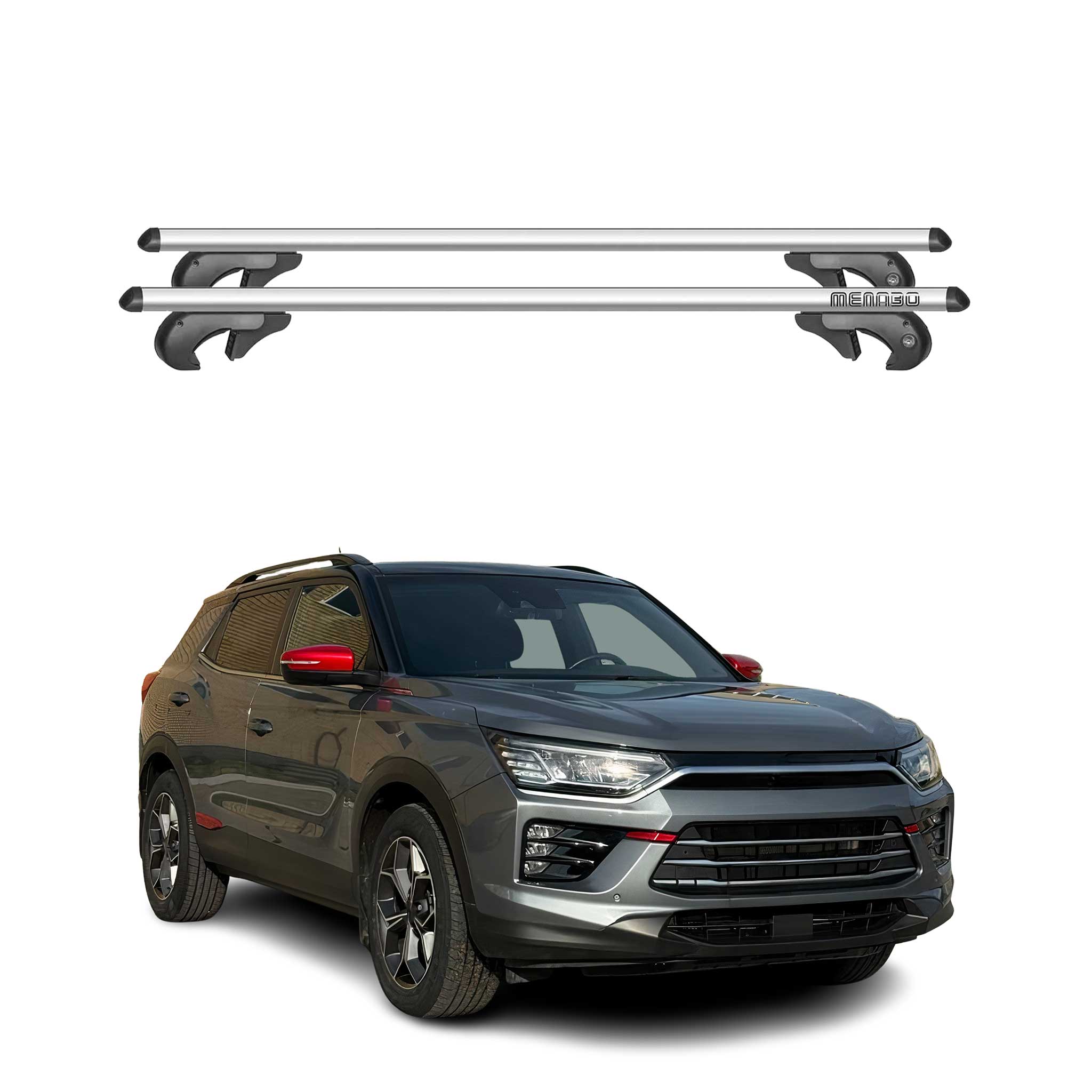Menabo Barras de Techo Coche Barra para Ssangyong Korando 2019-2025 Gris Alu 2x