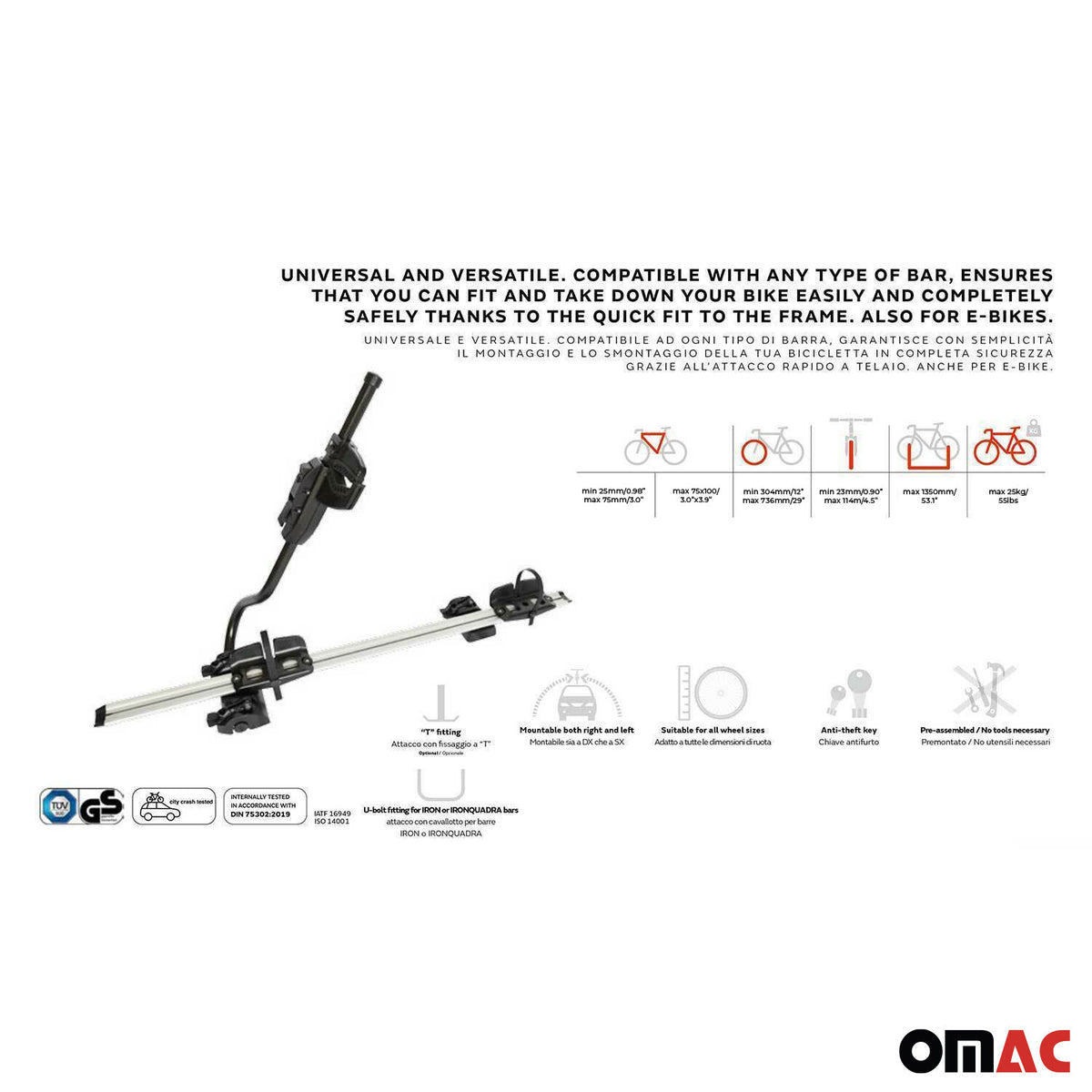 Portabicicletas de Techo para Bicicletas Universal Gris Negro Aluminio