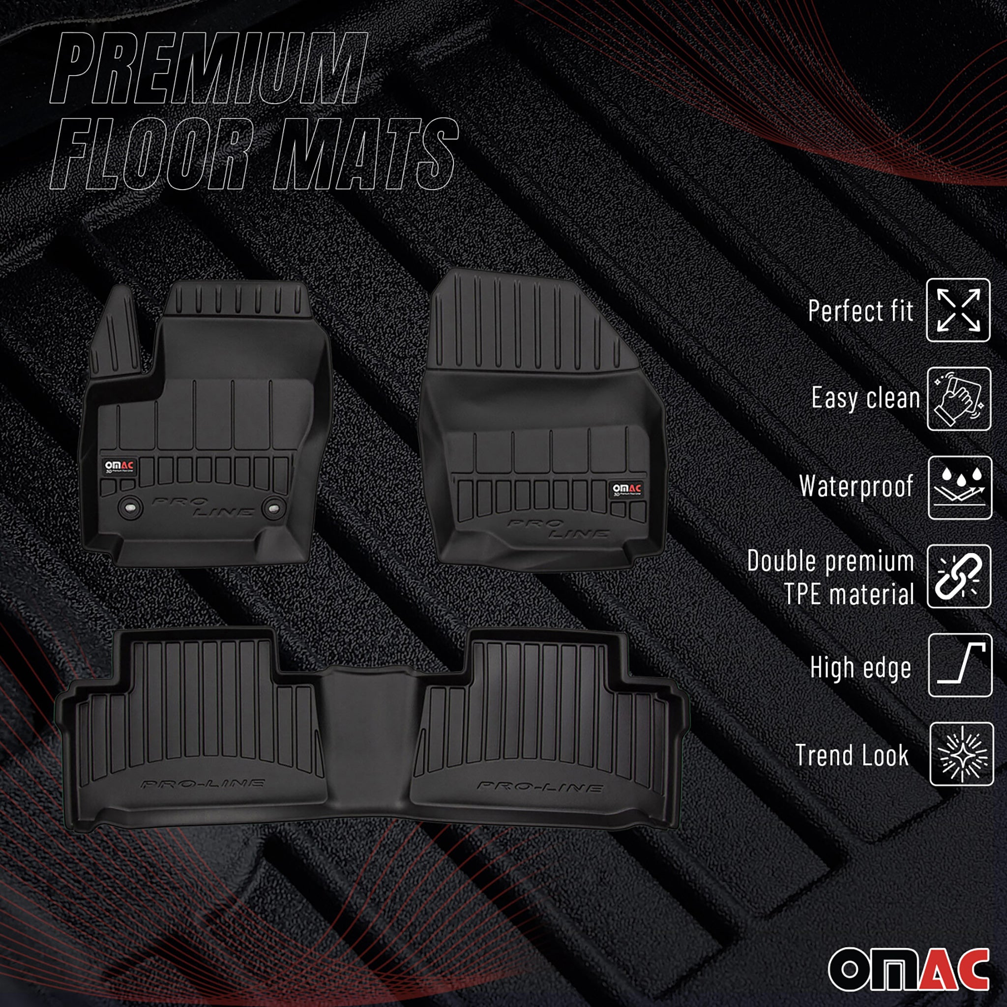 OMAC Premium Alfombrillas De Coche para Ford Galaxy 2006-2015 Negro TPE Goma 3x