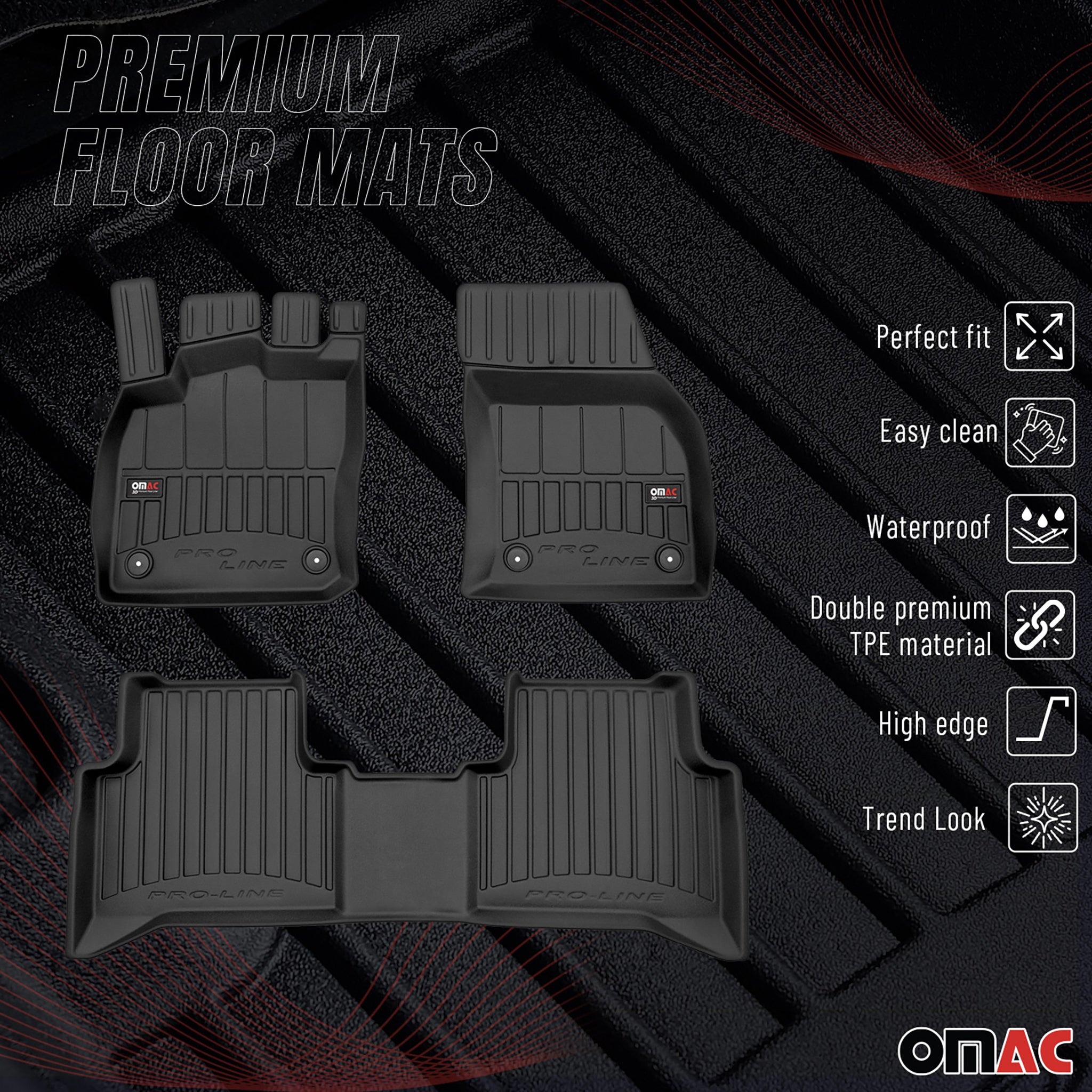 OMAC Premium Alfombrillas De Coche para VW Touran II 2015-2026 Negro TPE Goma 3x