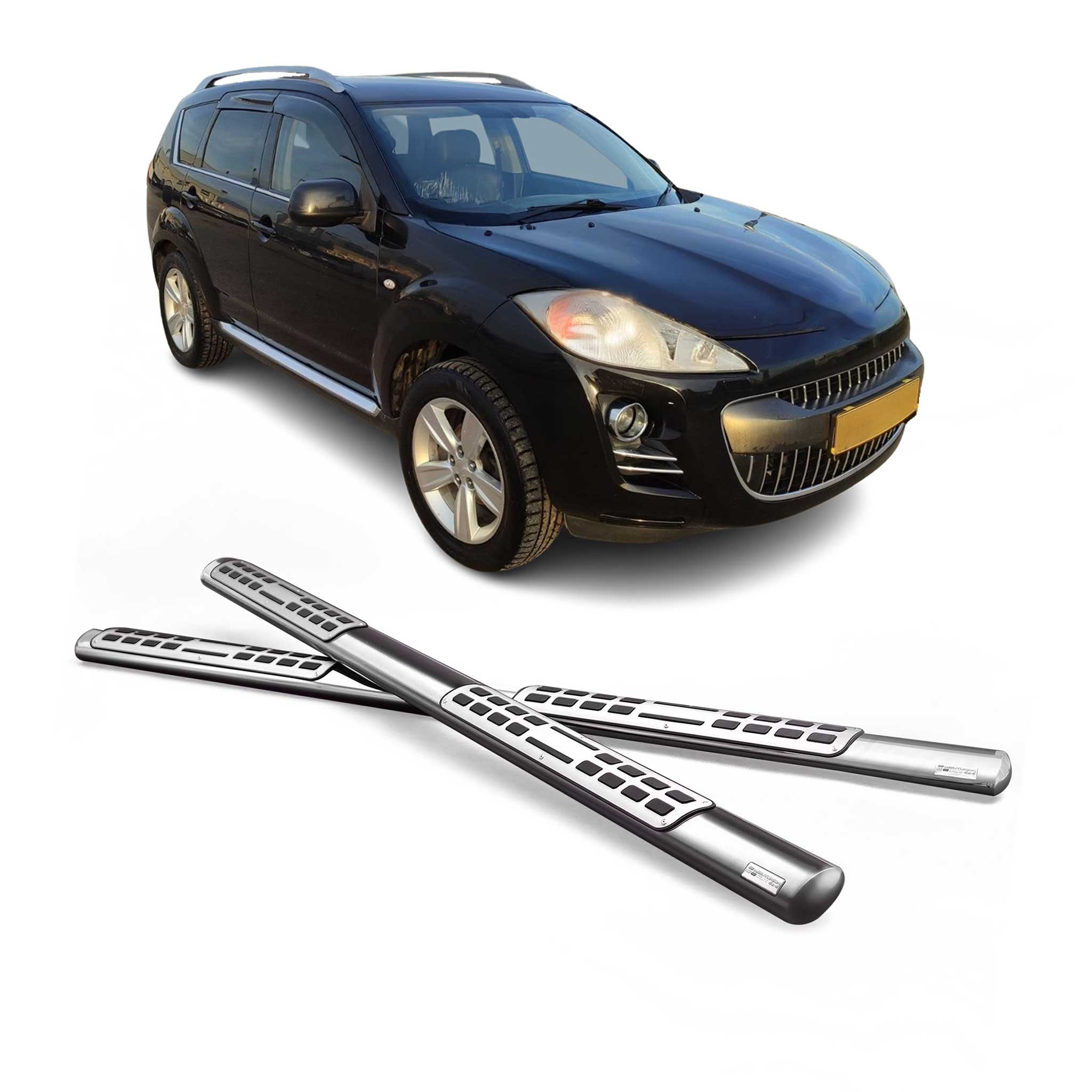 Par de Estribos Barras Laterales para Peugeot 4007 2008-2012 Plata Acero 2x