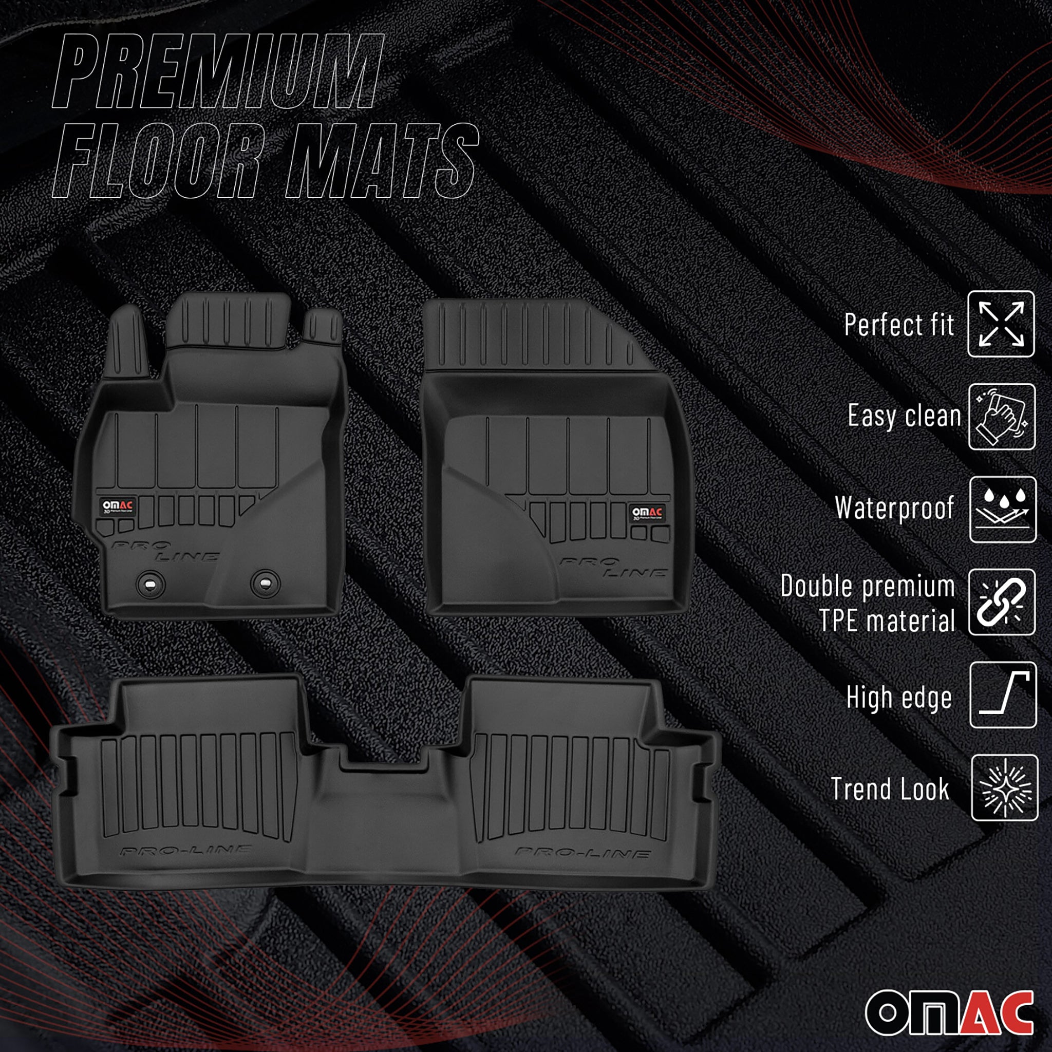 OMAC Premium Alfombrillas De Coche para Toyota Auris 2006-2013 Negro TPE Goma 3x