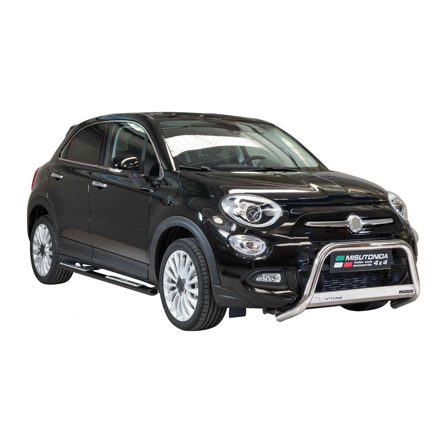 Par de Estribos Barras Laterales para Fiat 500X 2014-2018 Negro Brillante Acero