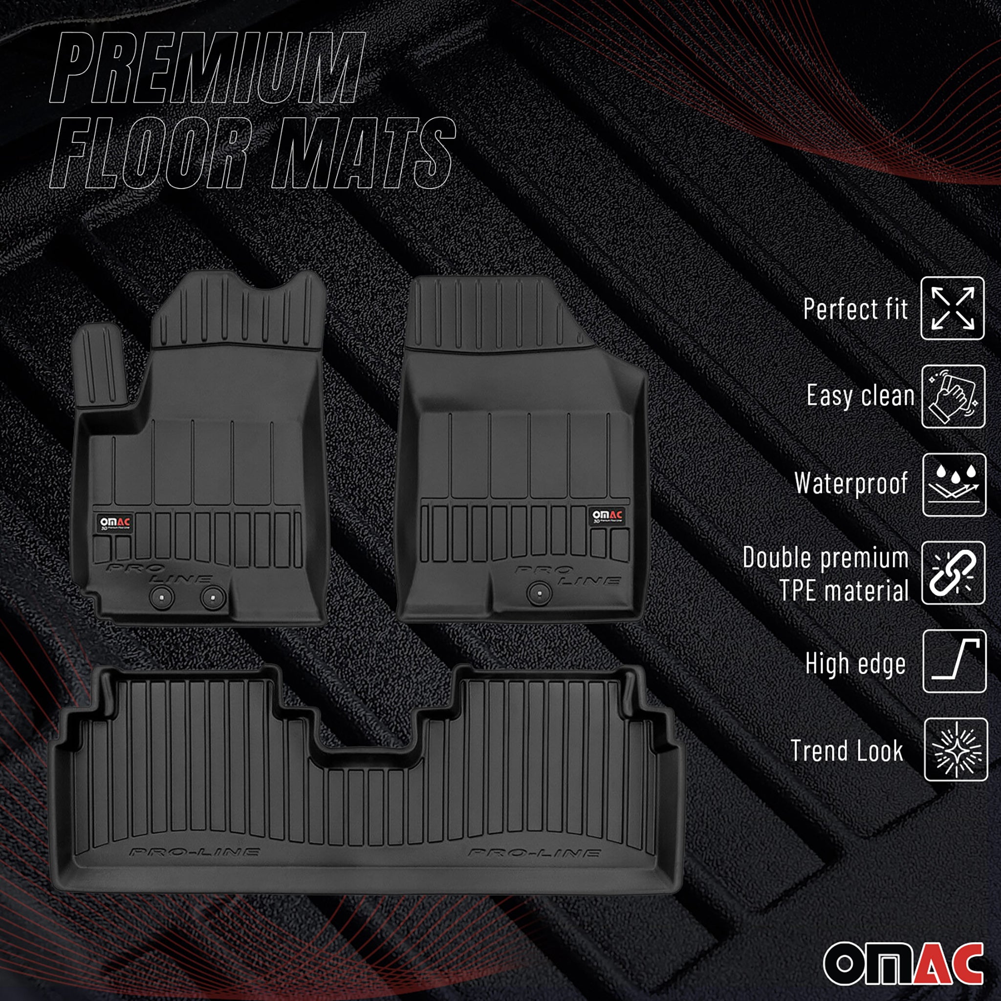 OMAC Premium Alfombrillas De Coche para Kia Venga 2009-2019 Negro TPE Goma 3Pza