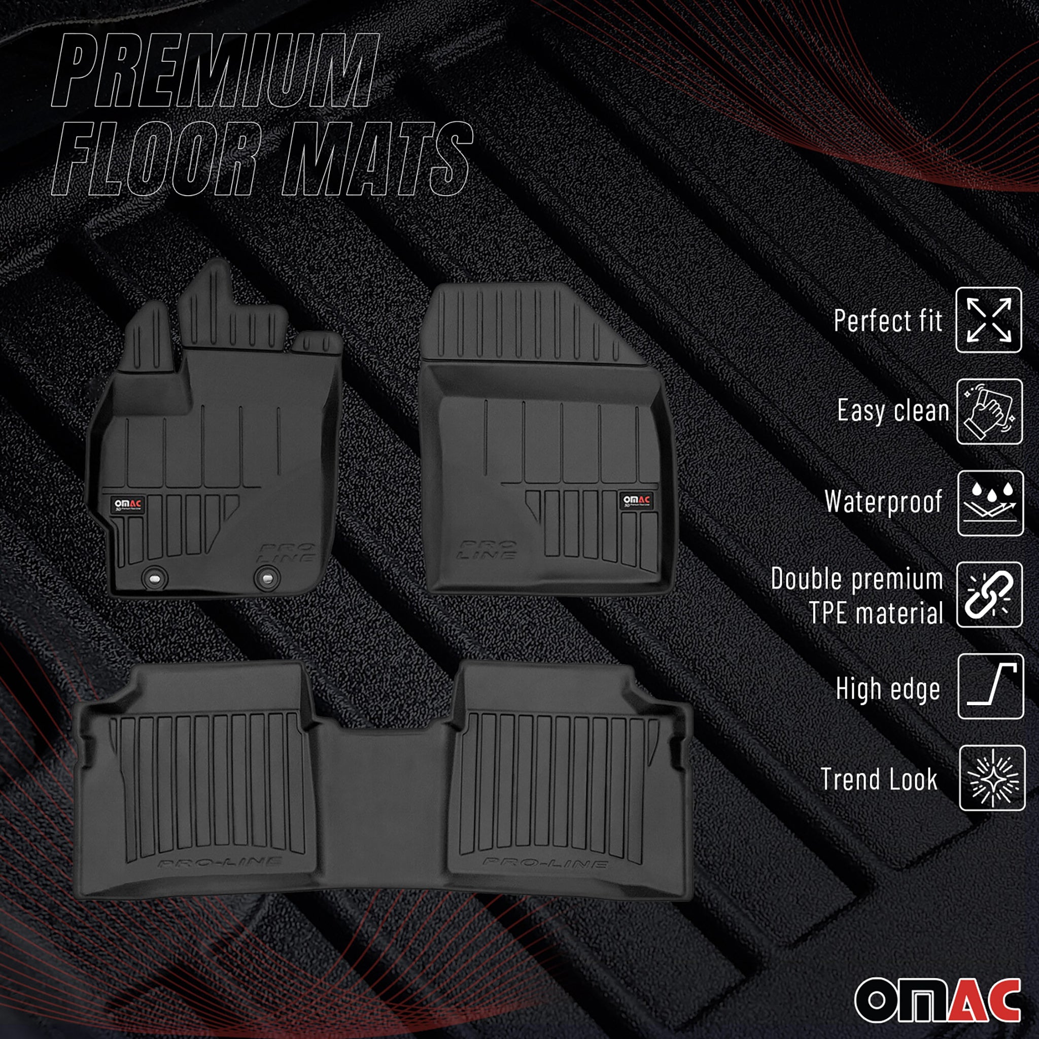 OMAC Premium Alfombrillas De Coche para Toyota Prius 2010-2015 Negro TPE Goma 3x