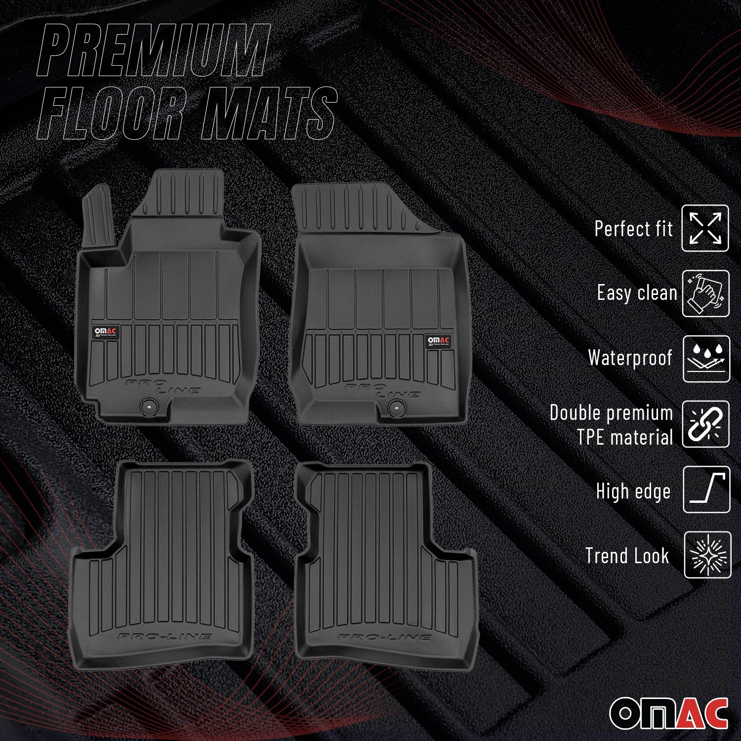 OMAC Premium Alfombrillas De Coche para Kia Pro Ceed 2007-2013 Negro TPE Goma 4x