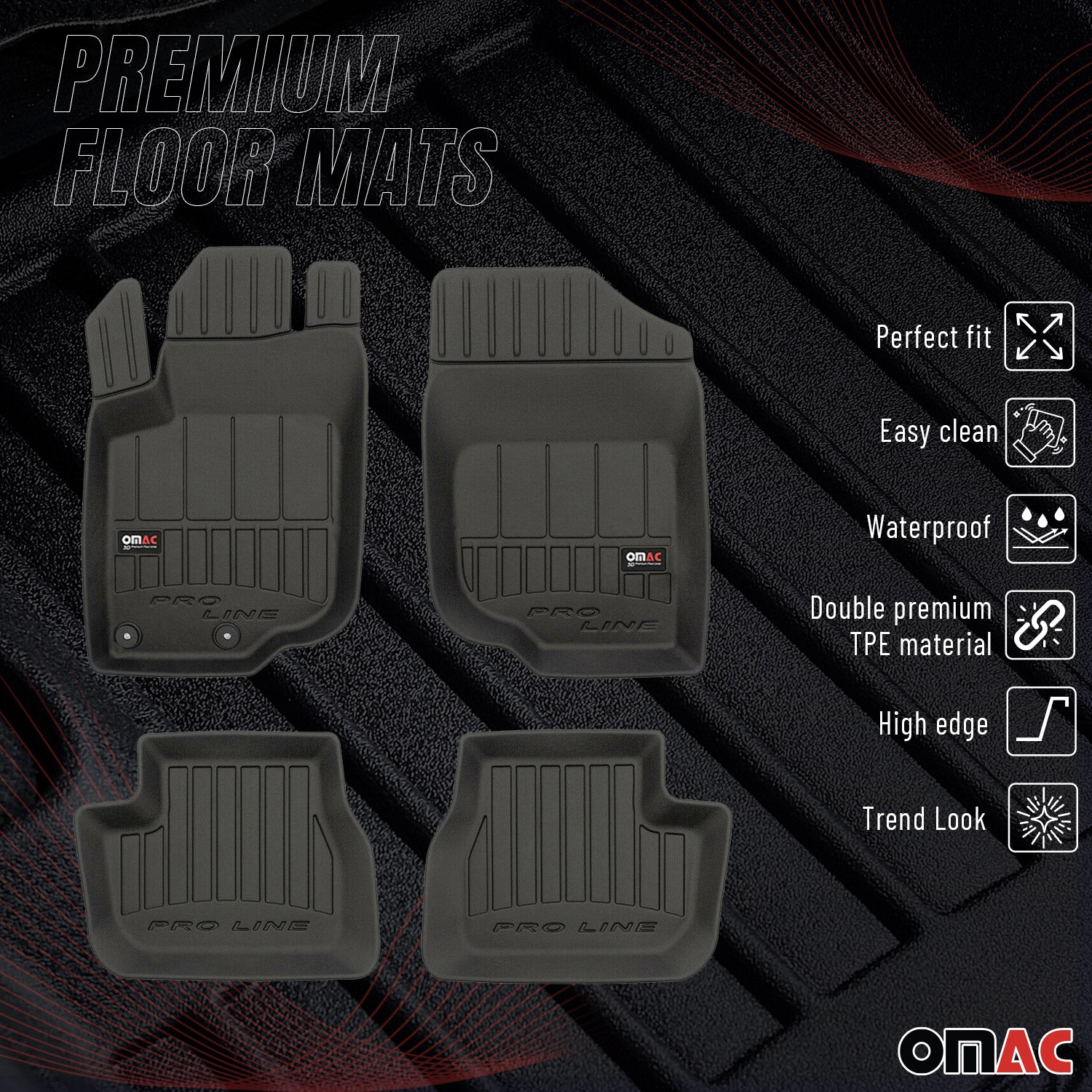 OMAC Premium Alfombrillas De Coche para Peugeot 207 2006-2012 Negro TPE Goma 4x