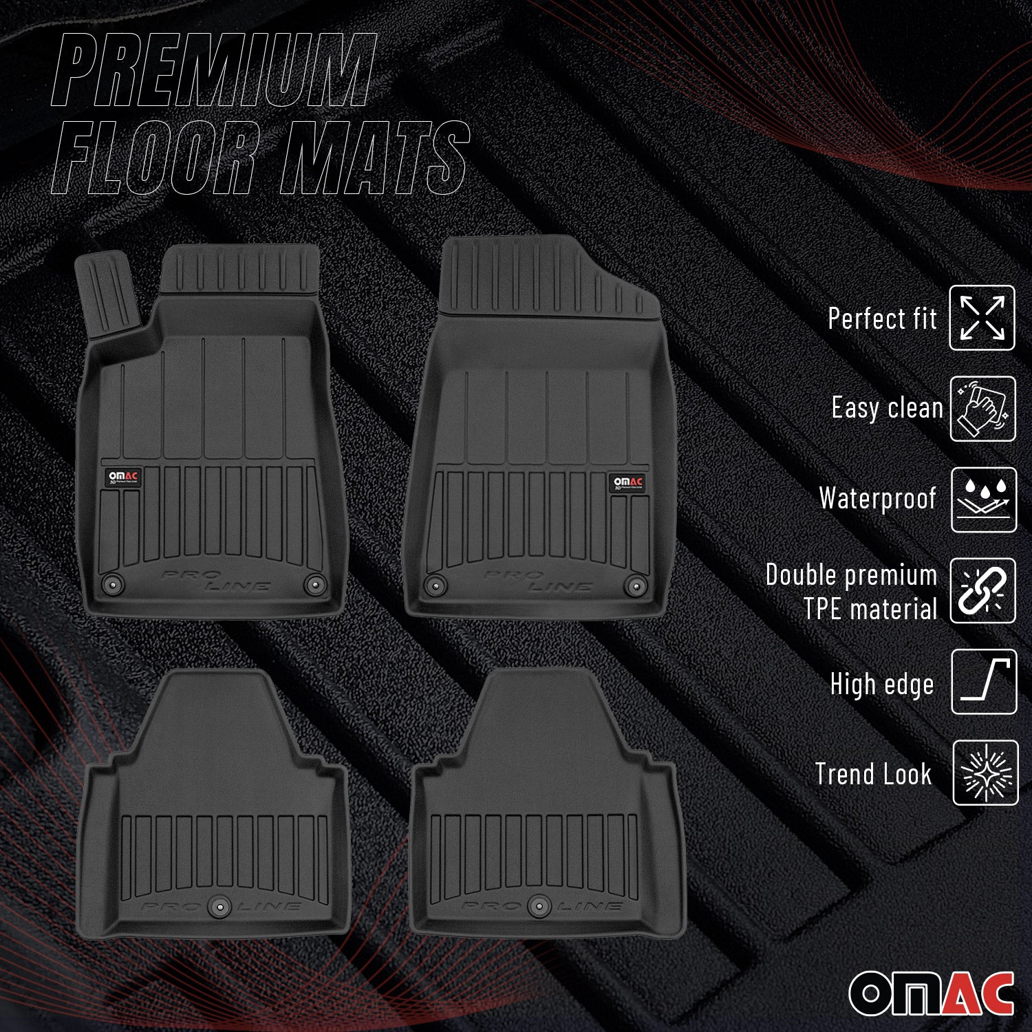 OMAC Premium Alfombrillas De Coche para Peugeot 607 1999-2010 Negro TPE Goma 4x