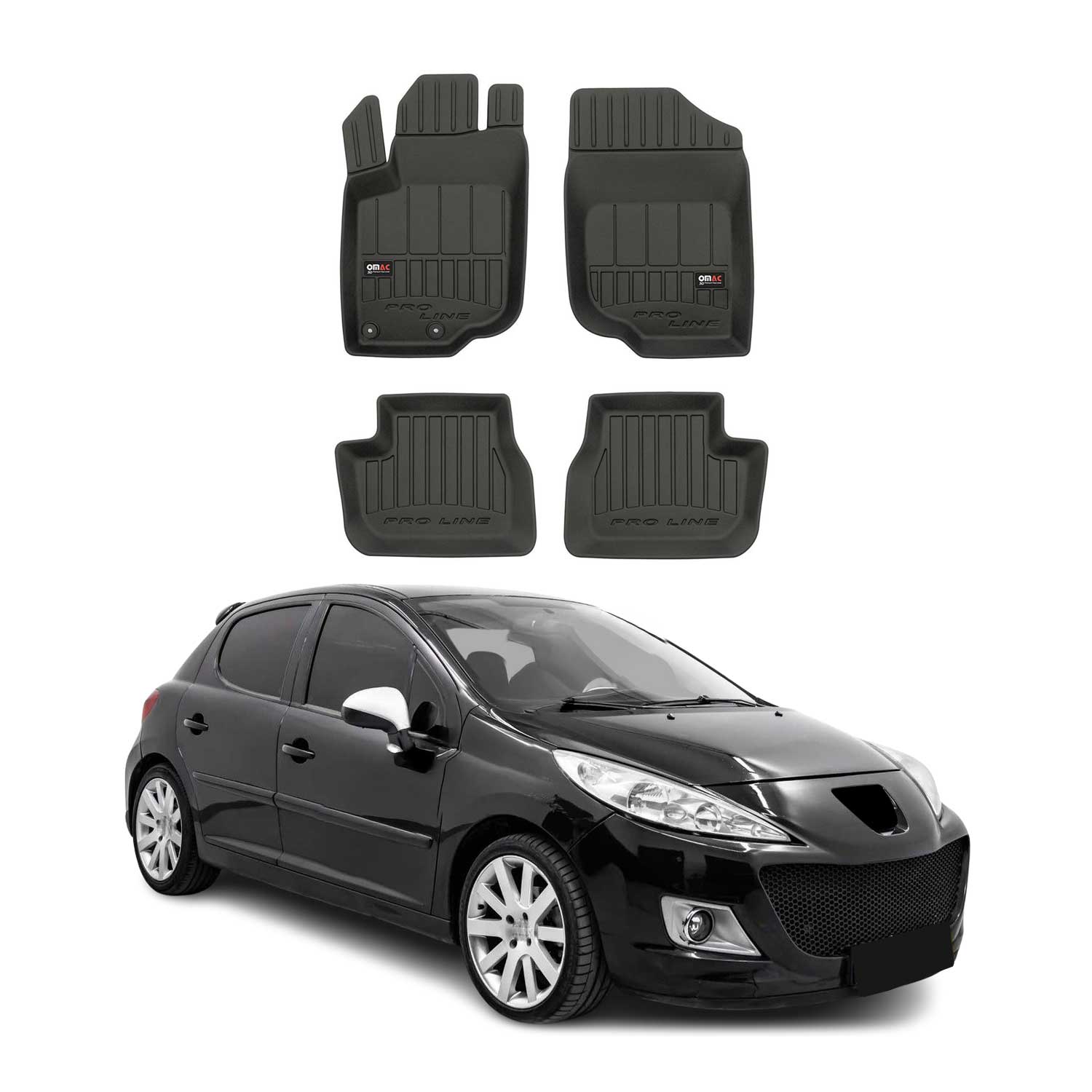OMAC Premium Alfombrillas De Coche para Peugeot 207 2006-2012 Negro TPE Goma 4x