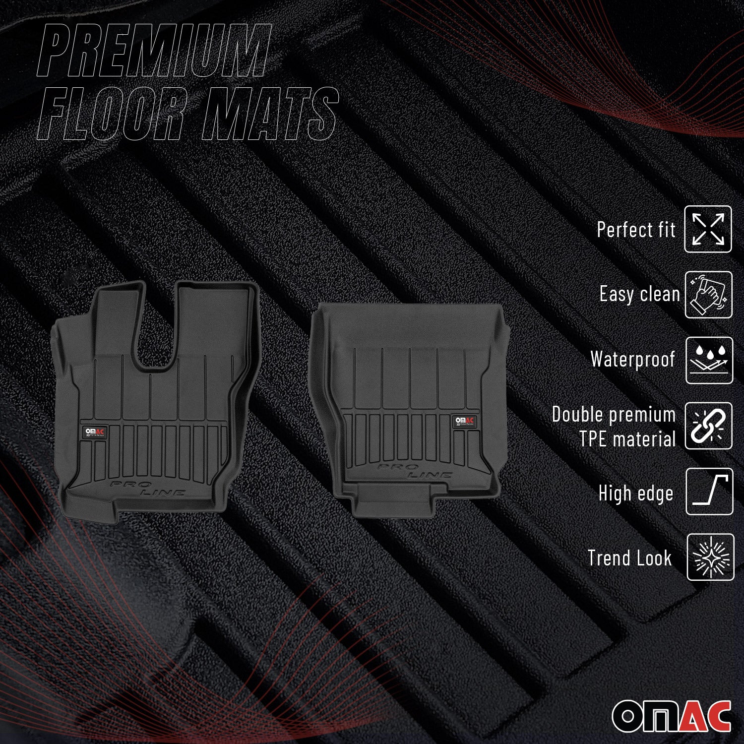 OMAC Premium Alfombrillas De Coche para Volvo FM 2001-2020 Negro TPE Goma 2Pza