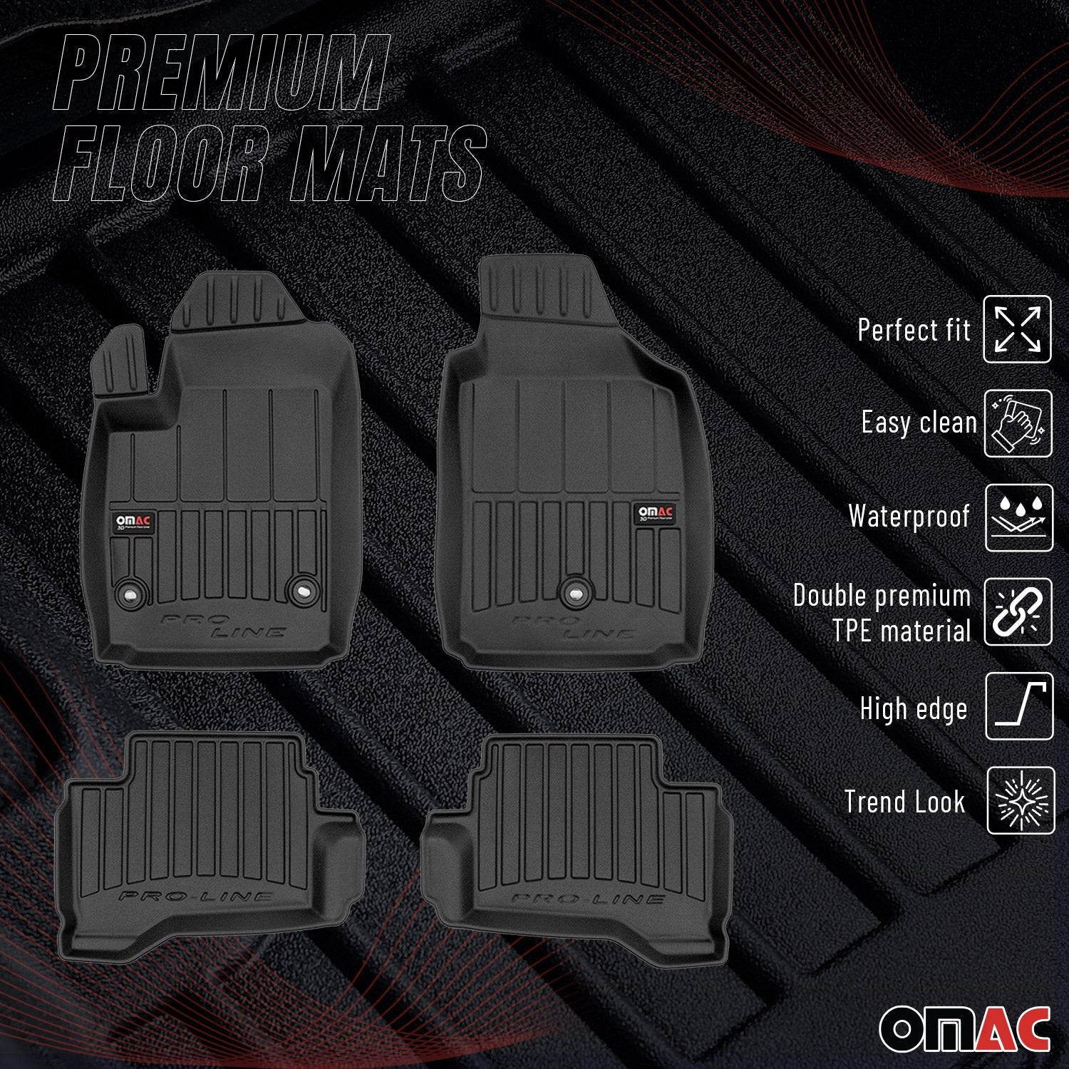 OMAC Premium Alfombrillas De Coche para Fiat 500 2013-2019 Negro TPE Goma 4Pza