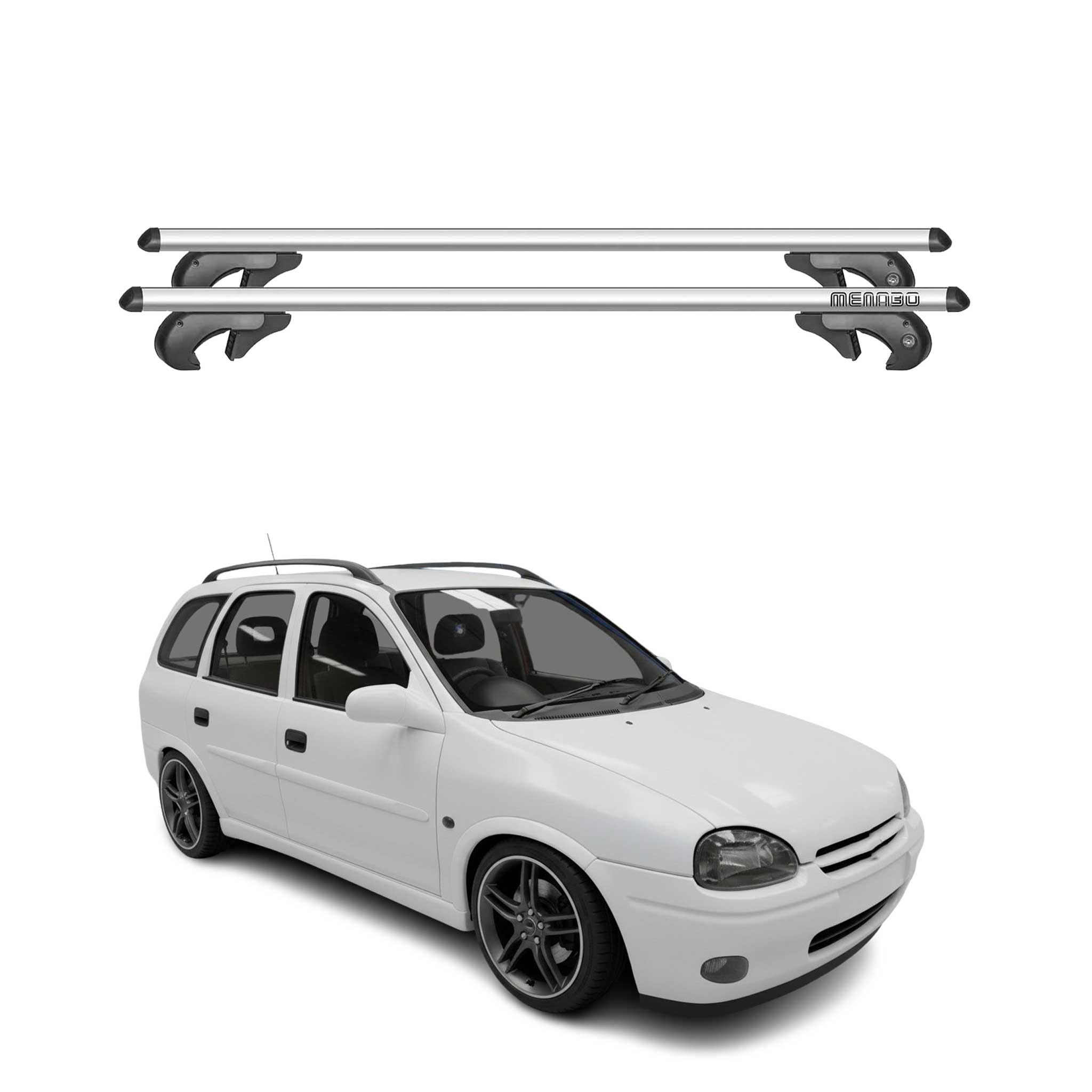 Menabo Barras Techo Baca para Opel Corsa Familiar 2000-2006 Gris Aluminio 2Pza