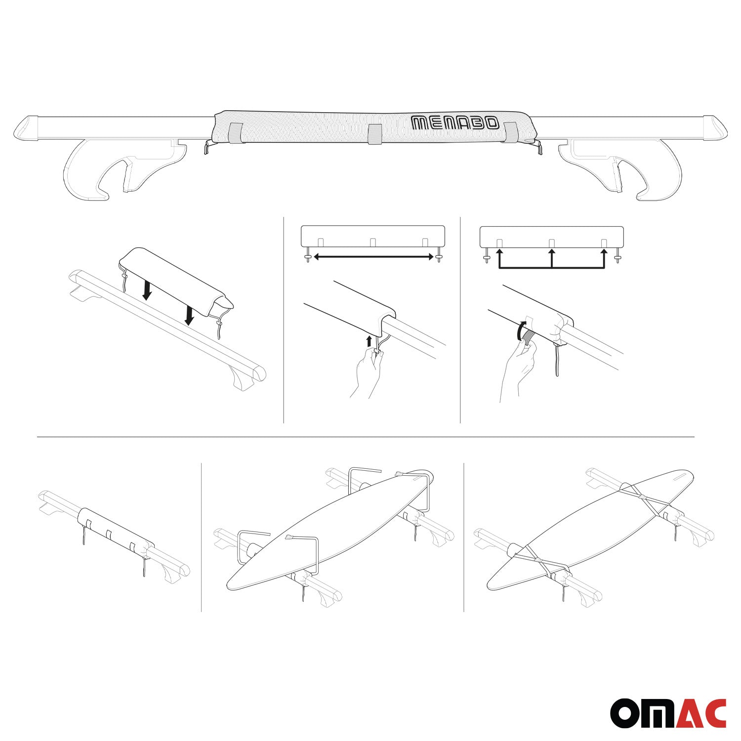 Menabo Soporte para windsurf para Barras de Techo Universal Negro Poliéster