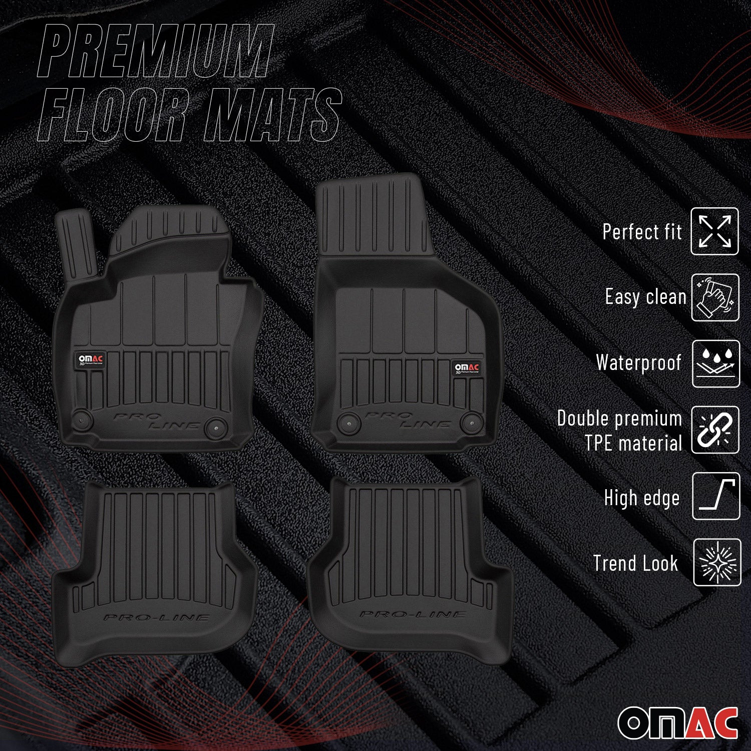 OMAC Premium Alfombrillas De Coche para Seat Toledo 2004-2009 Negro TPE Goma 4x