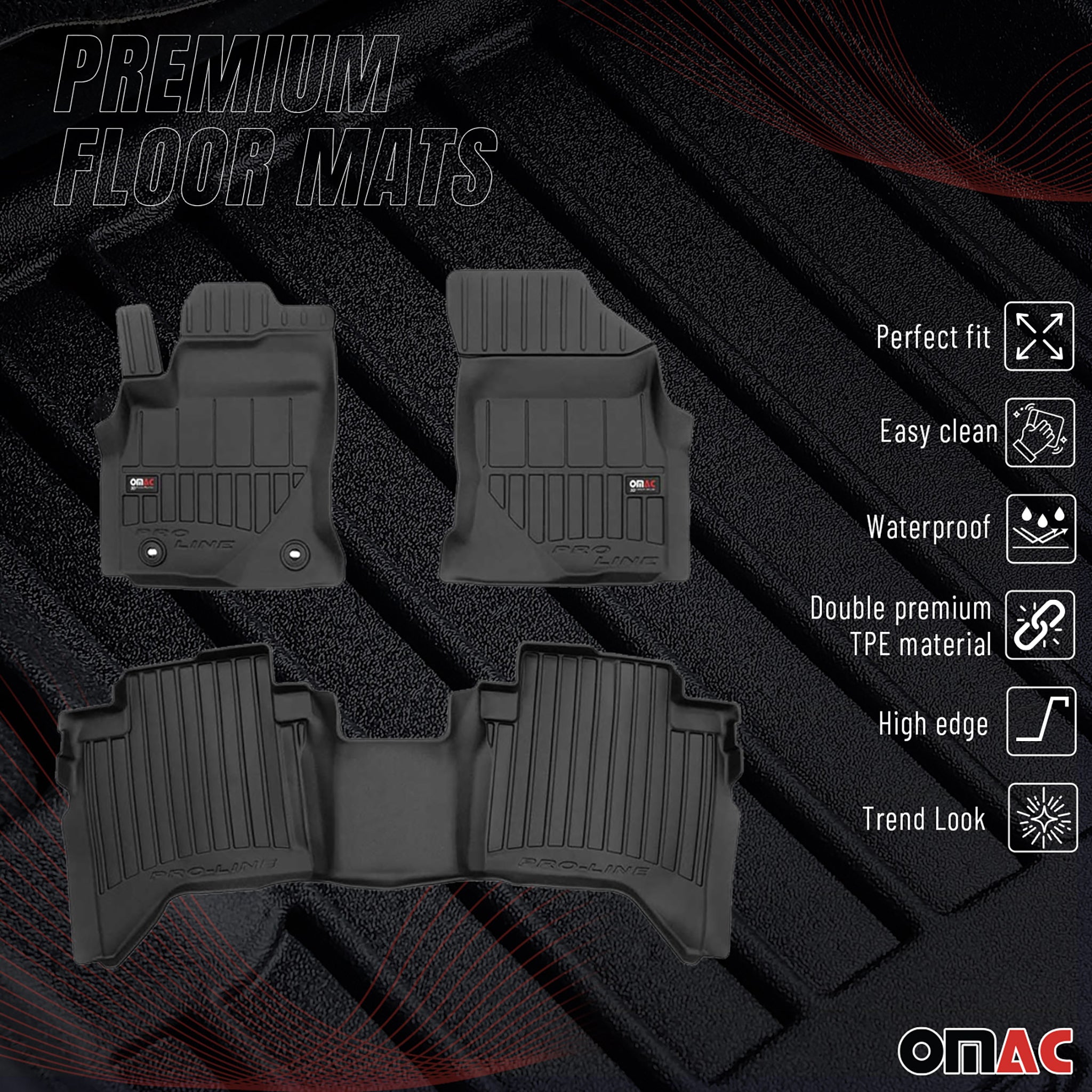 OMAC Premium Alfombrillas De Coche para Toyota Hilux 2015-2024 Negro TPE Goma 3x