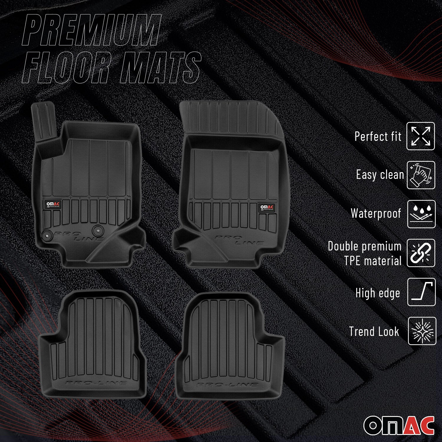 OMAC Premium Alfombrillas De Coche para Peugeot 208 2019-2025 Negro TPE Goma 4x