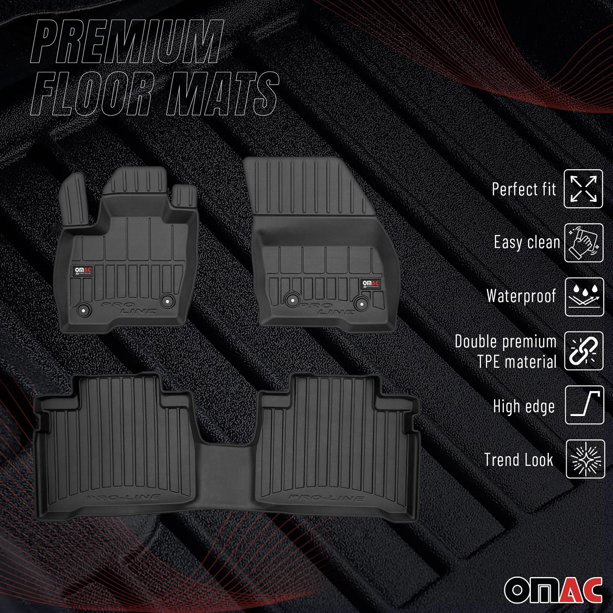 OMAC Premium Alfombrillas De Coche para Ford S-Max 2 2015-2018 Negro TPE Goma 3x