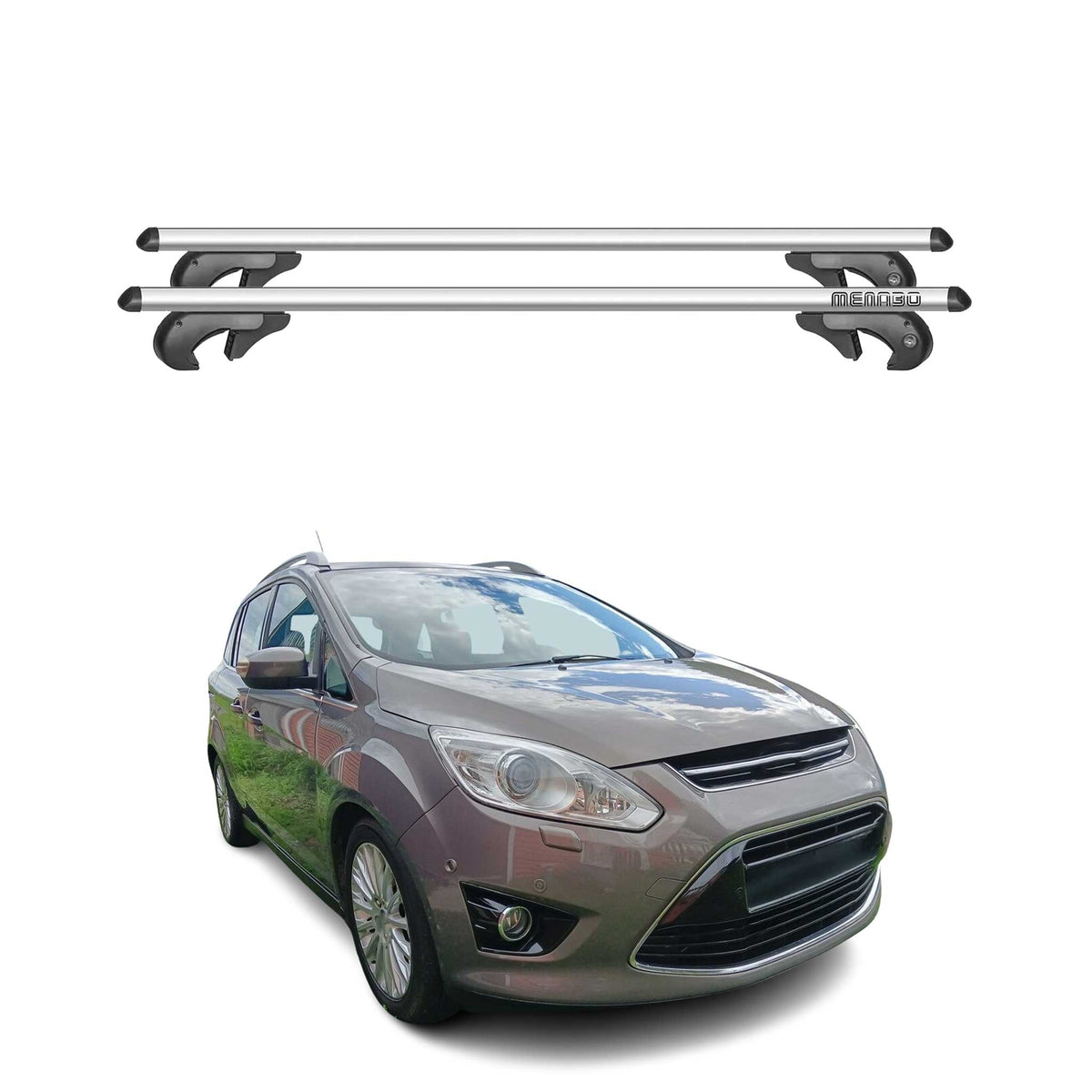 Menabo Barras de Techo Coche Barra para Ford C-Max II 2010-2019 Gris Aluminio 2x