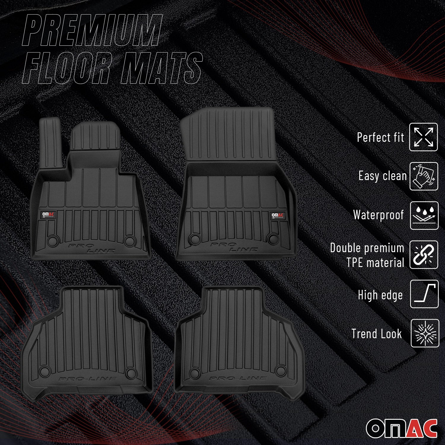 OMAC Premium Alfombrillas De Coche para BMW X7 G07 2018-2026 Negro TPE Goma 4Pza