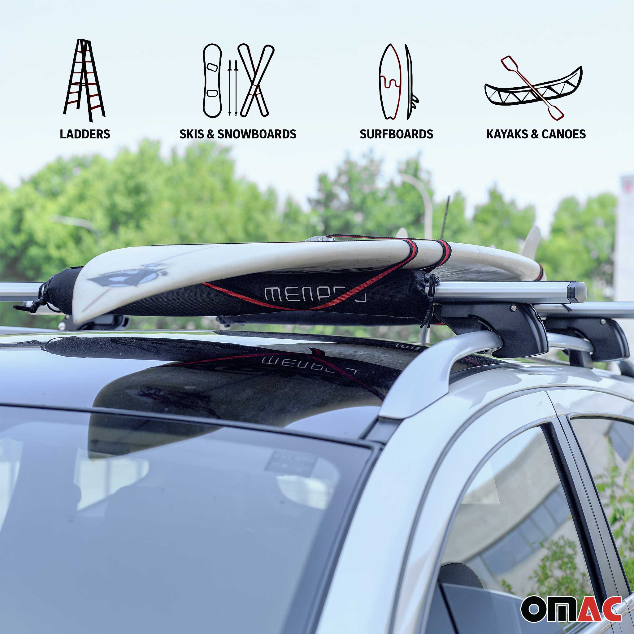 Menabo Soporte para windsurf para Barras de Techo Universal Negro Poliéster