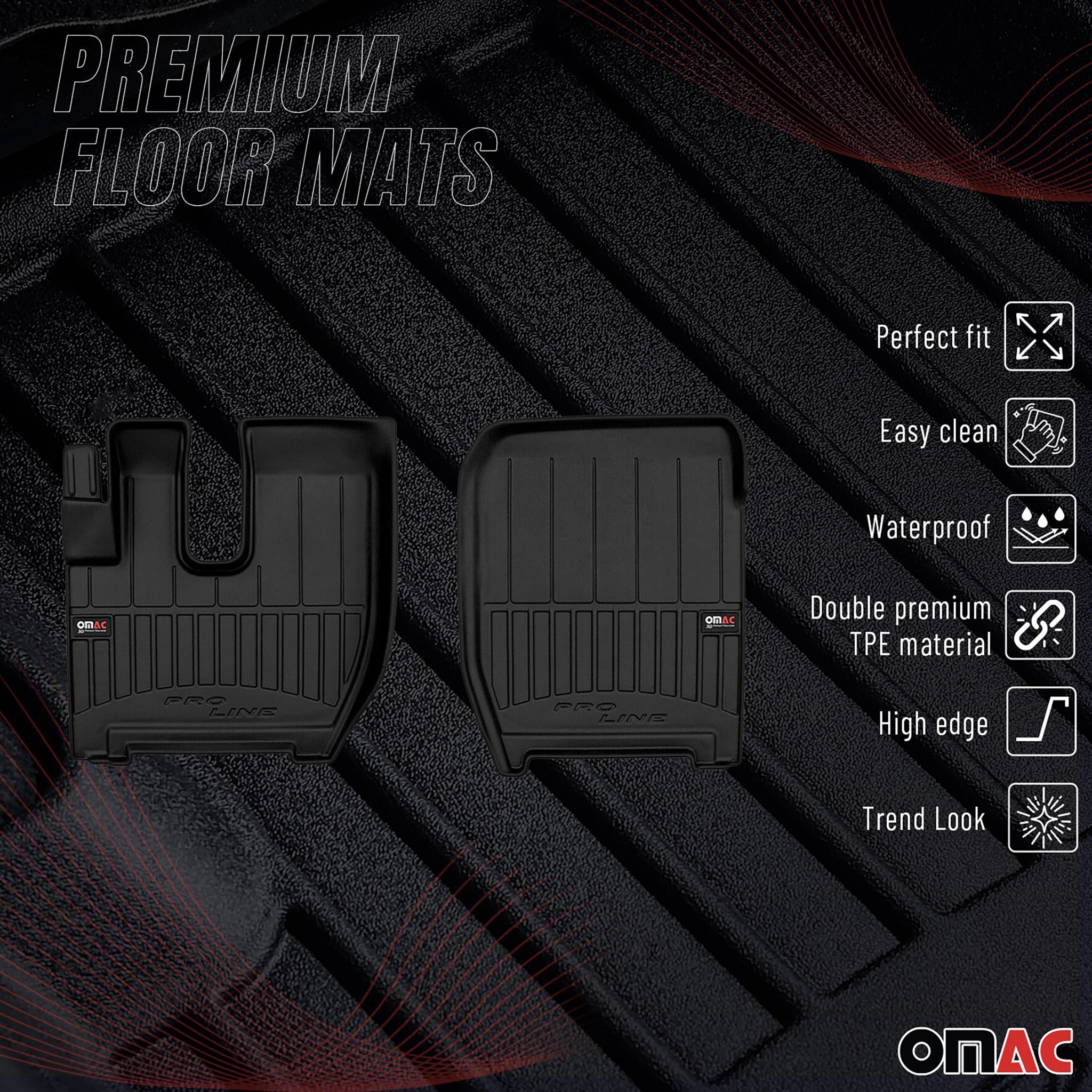 OMAC Premium Alfombrillas De Coche para Ford F-Max 2018-2025 Negro TPE Goma 2Pza