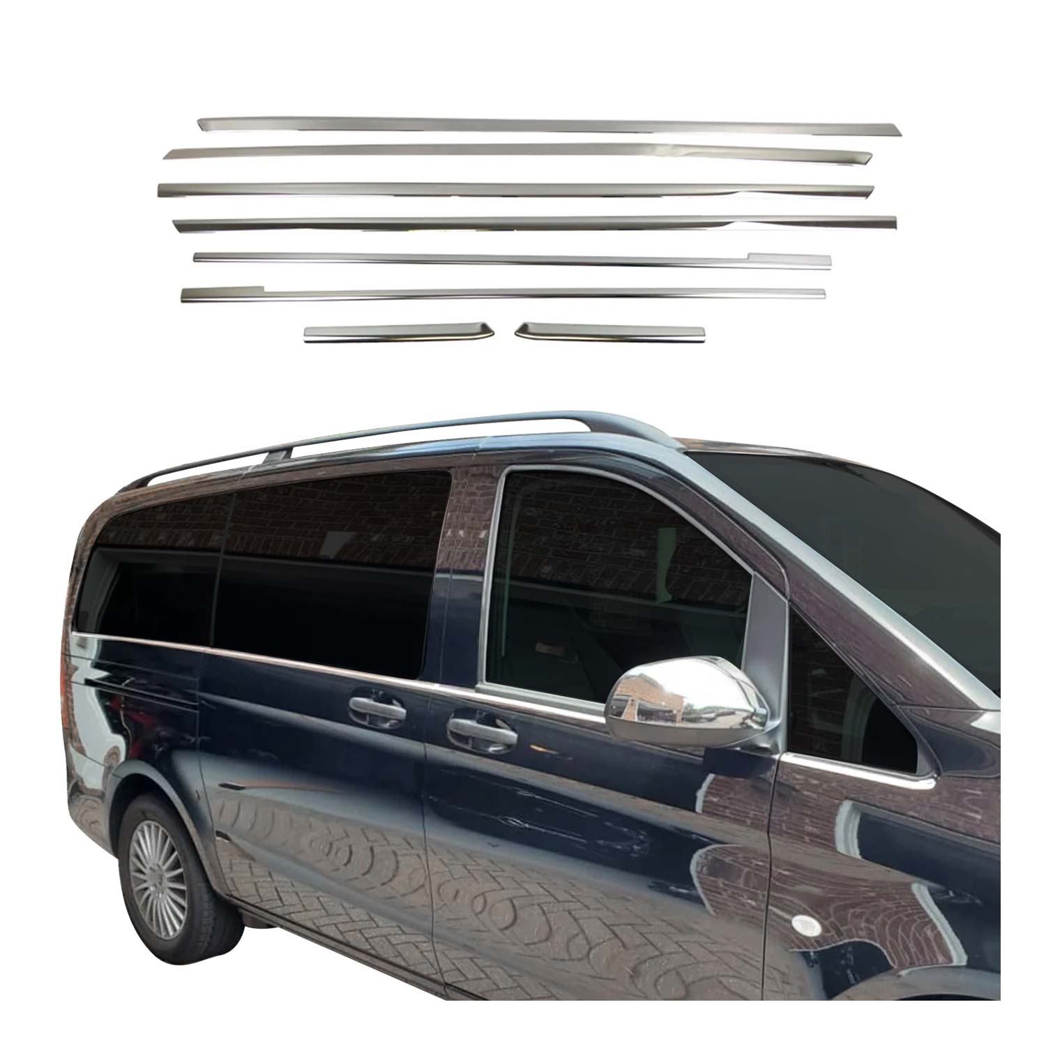Molduras de Ventana para Mercedes Vito W447 Largo L2 Plata Brillante Acero 8Pza
