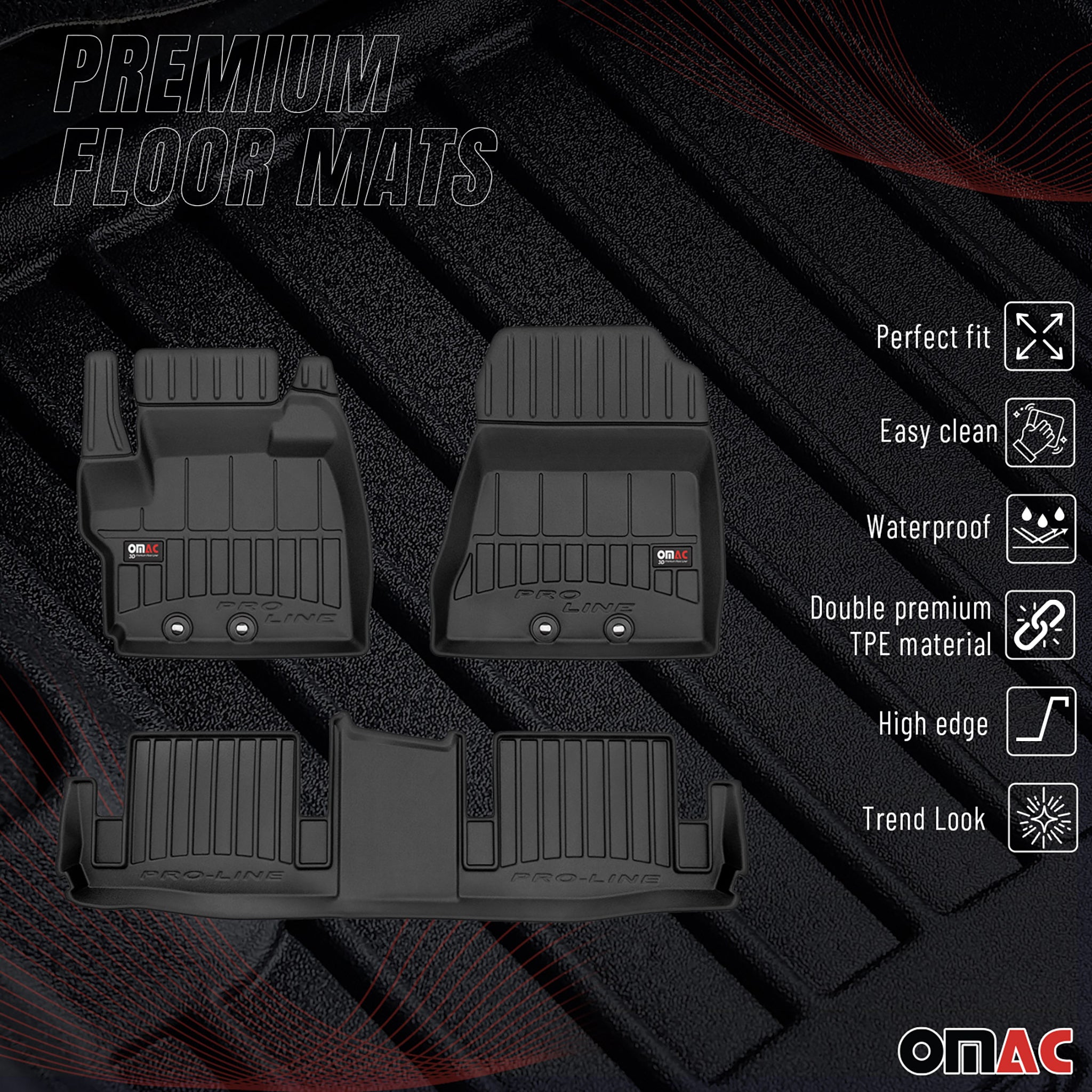OMAC Premium Alfombrillas De Coche para Toyota IQ 2008-2016 Negro TPE Goma 3Pza