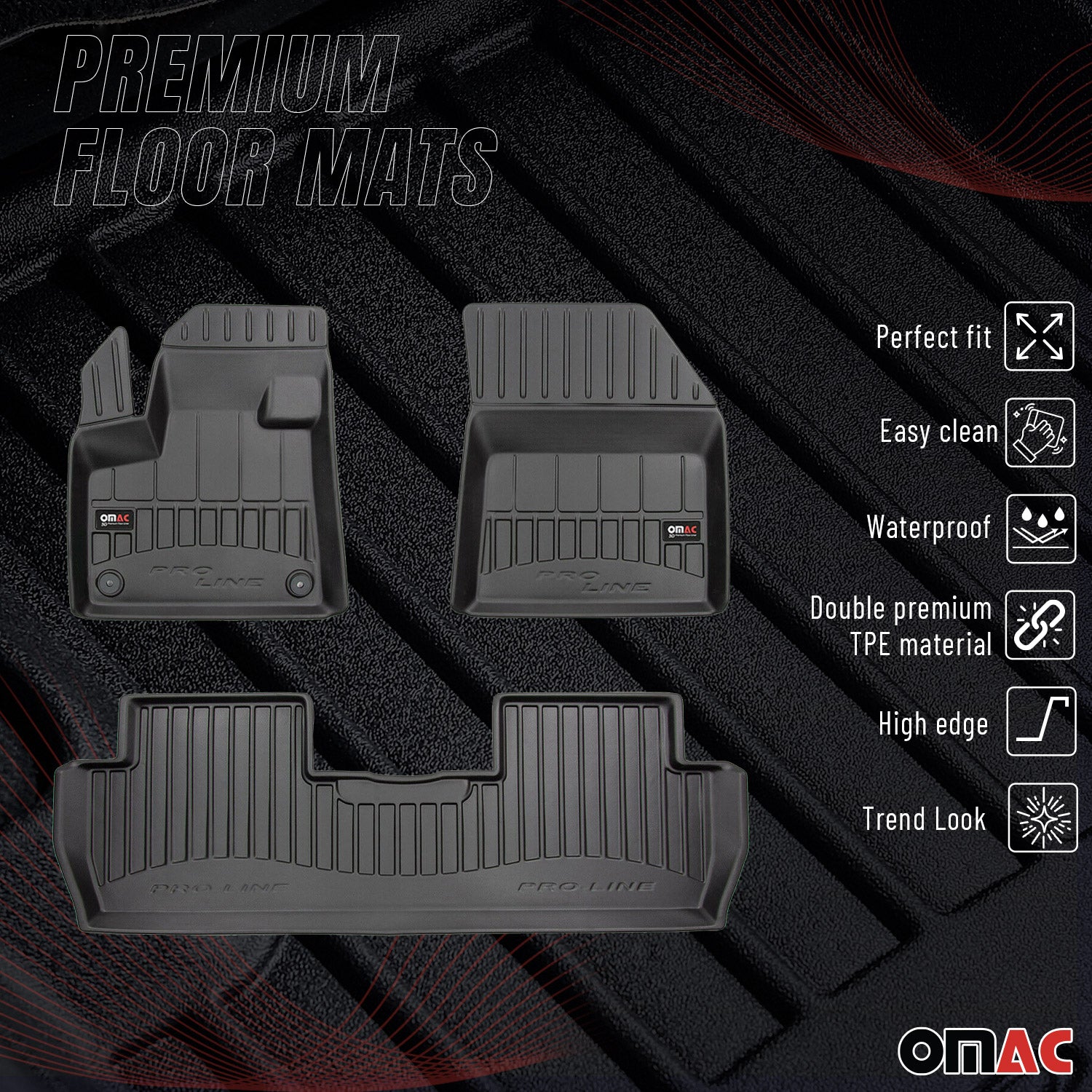 OMAC Premium Alfombrillas De Coche para Peugeot 5008 2017-2024 Negro TPE Goma 3x