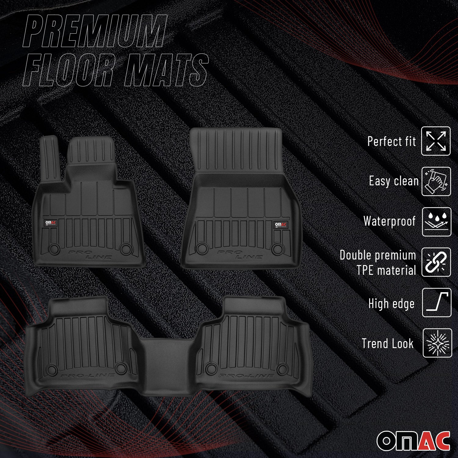 OMAC Premium Alfombrillas De Coche para BMW X7 G07 2019-2026 Negro TPE Goma 3Pza